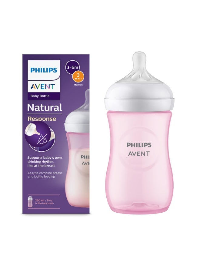 Philips Avent Natural Response 3.0 Baby Feeding Bottle | No.1 Brand Recommended by Moms Worldwide | Ideal for 1 months+| Natural Response Technology Mimics Breastfeeding | Uniquely Designed Nipple releases milk only when baby drinks | Pack of 1 | Pink | SCY903/11